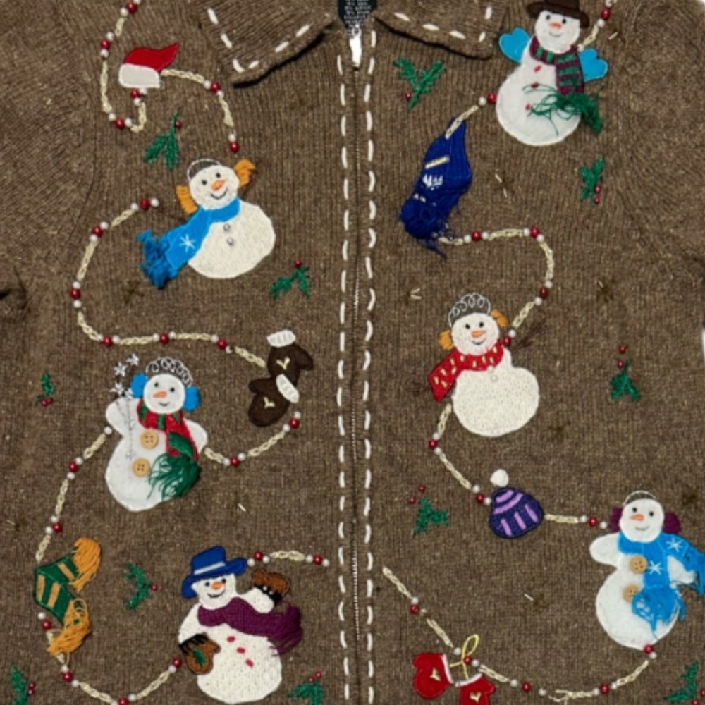 Vintage 90s Studio Joy Embroidered Snowman Ugly Christmas Cardigan Sweater Sz PM - Picture 3 of 5